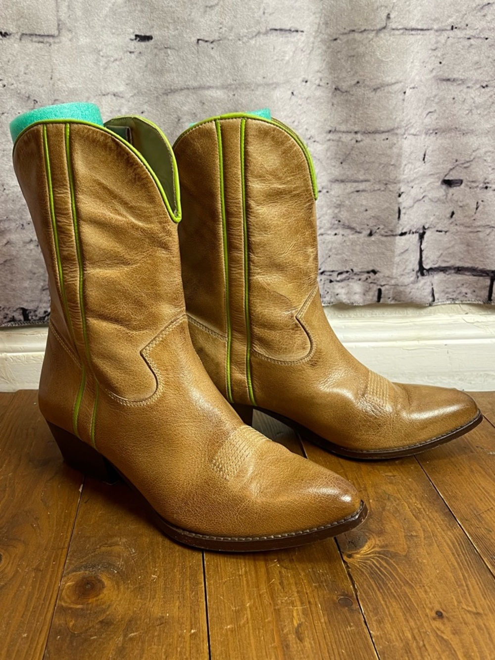 Free People Tan Leather Western Boots with Lime Accents